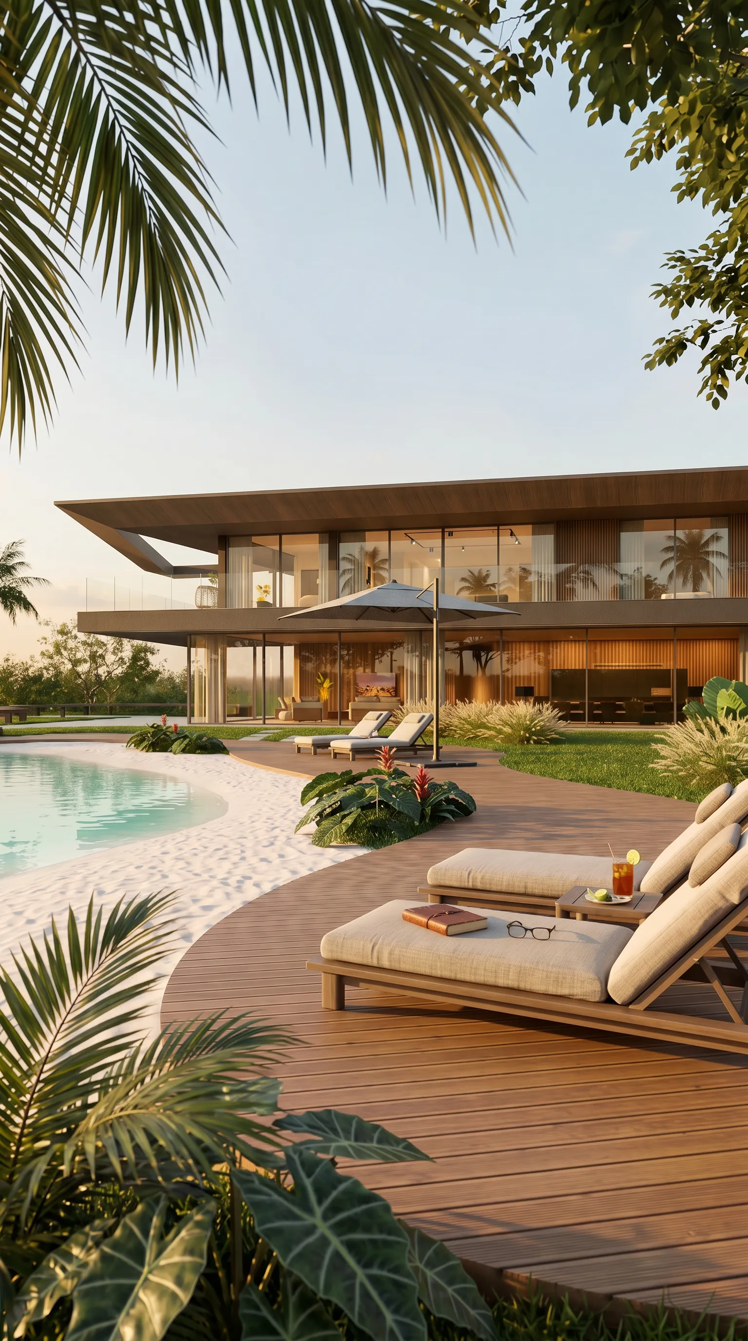 Piscina orgânica da Casa Vértice em Atibaia com deck sinuoso, paisagismo tropical e arquitetura em aço e vidro