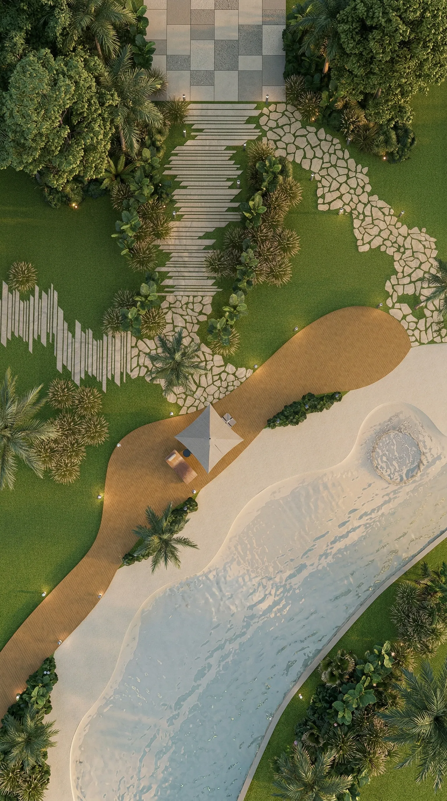 Vista aérea do paisagismo da Casa Vértice em Atibaia, com piscina orgânica, caminhos de pedra e jardim tropical