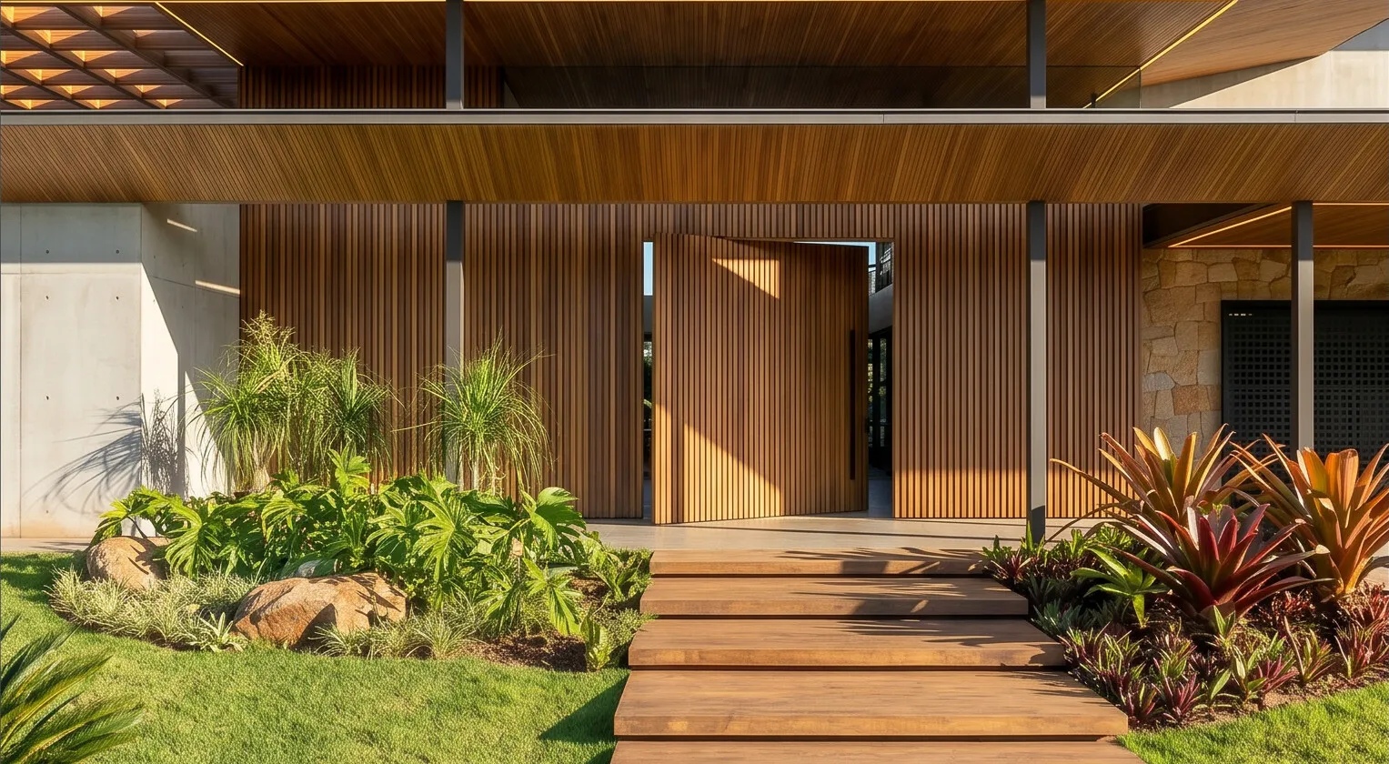 Entrada da Casa Olive na Fazenda da Grama com porta em madeira, planos de pedra, jardim tropical e acesso de alto padrão