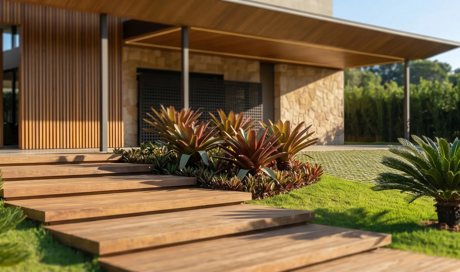Escada em madeira e paisagismo da Casa Olive na Fazenda da Grama, destacando materiais naturais e arquitetura de alto padrão