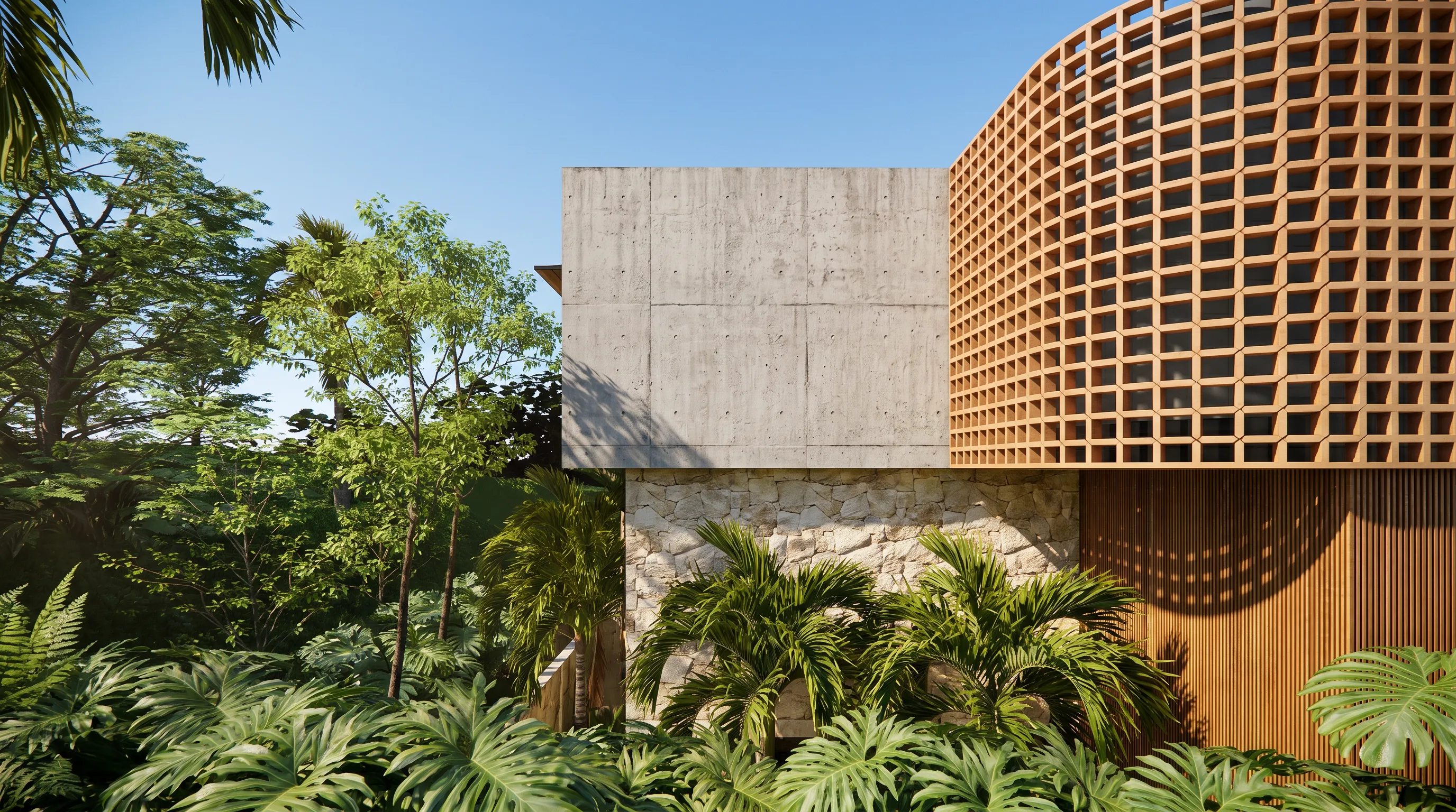 Fachada contemporânea da Casa Otel com brises, concreto, madeira e jardins tropicais