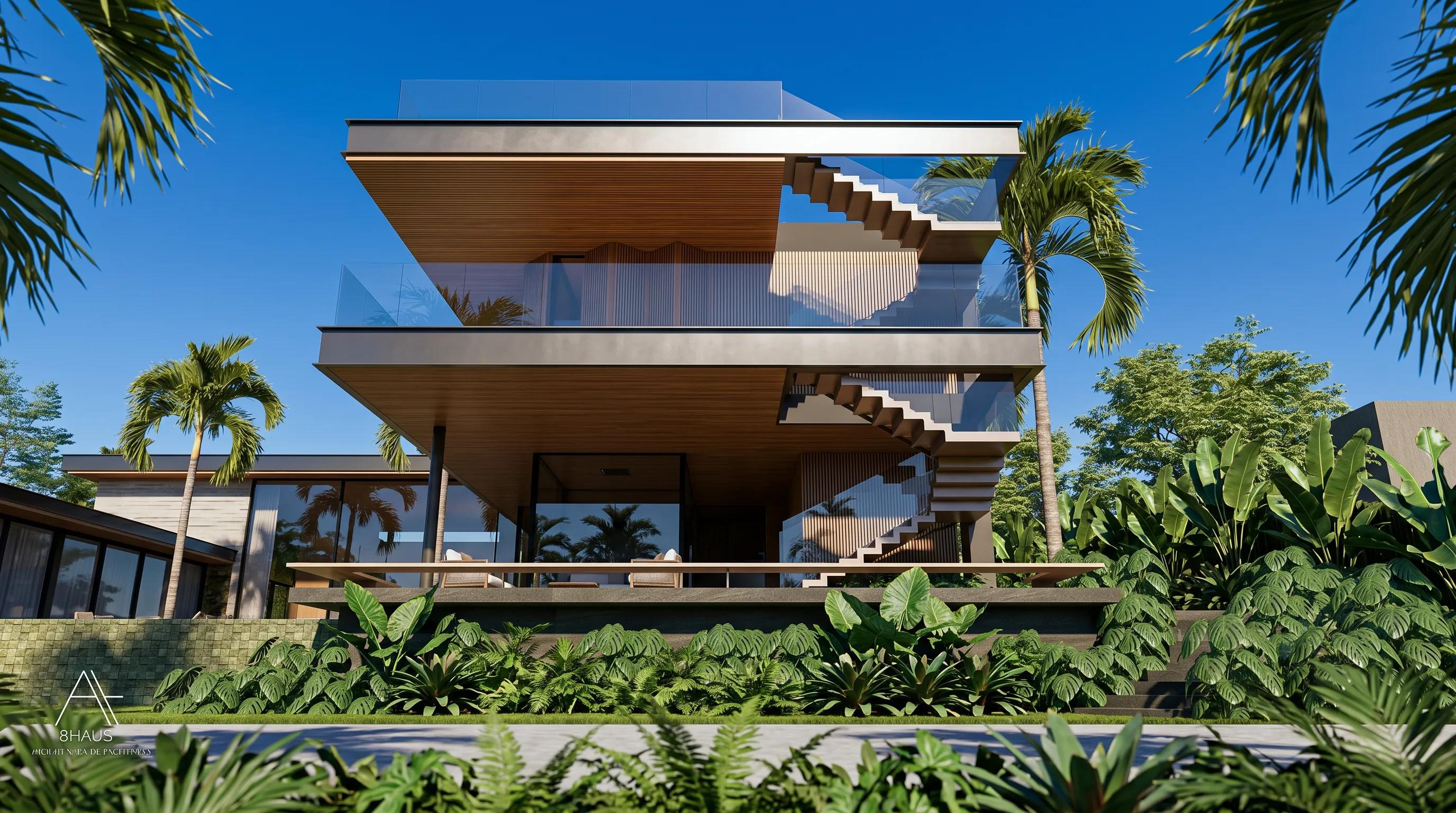 Fachada posterior da Casa Eins na Fazenda da Grama com terraços em balanço, escada externa, piscina linear e vegetação tropical