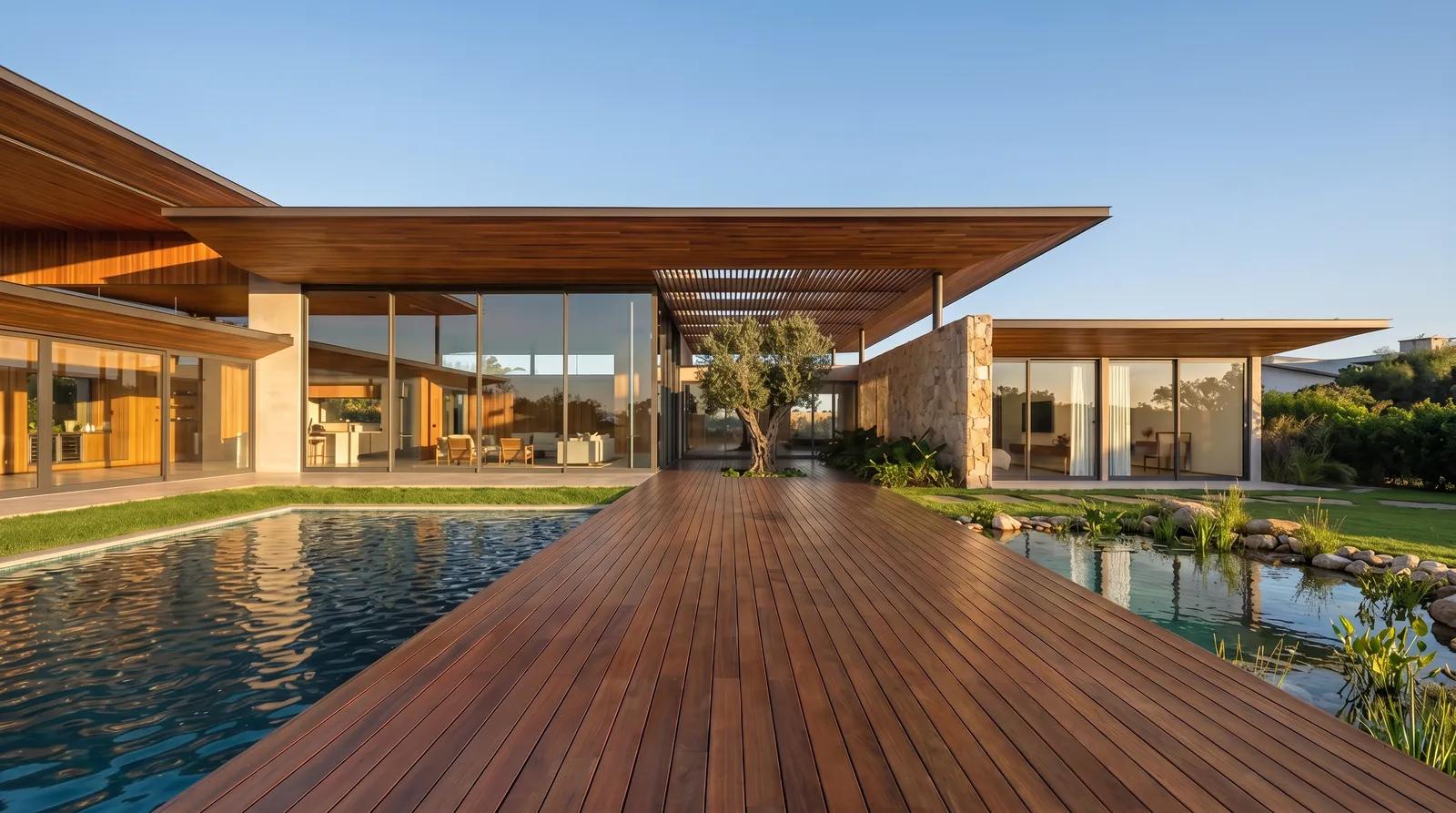 Oliveira central da Casa Olive na Fazenda da Grama, integrada ao deck de madeira, piscina, lago ornamental e arquitetura de alto padrão
