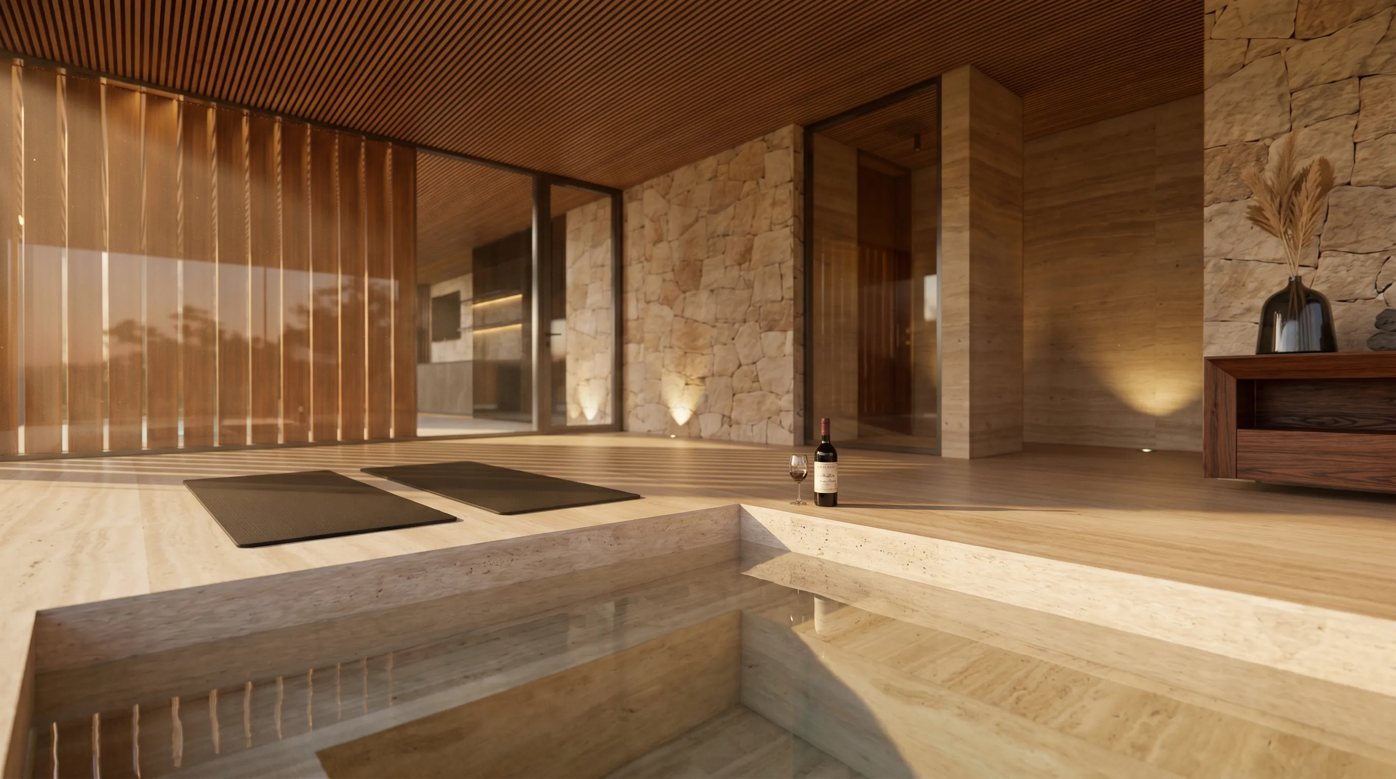 Sauna e spa da Casa Otel, casa de alto padrão com bem-estar privativo, madeira e pedra natural