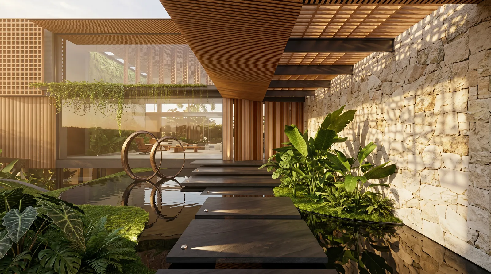 Private spa at Casa Otel in Fazenda Boa Vista with stone, water and wellness architecture