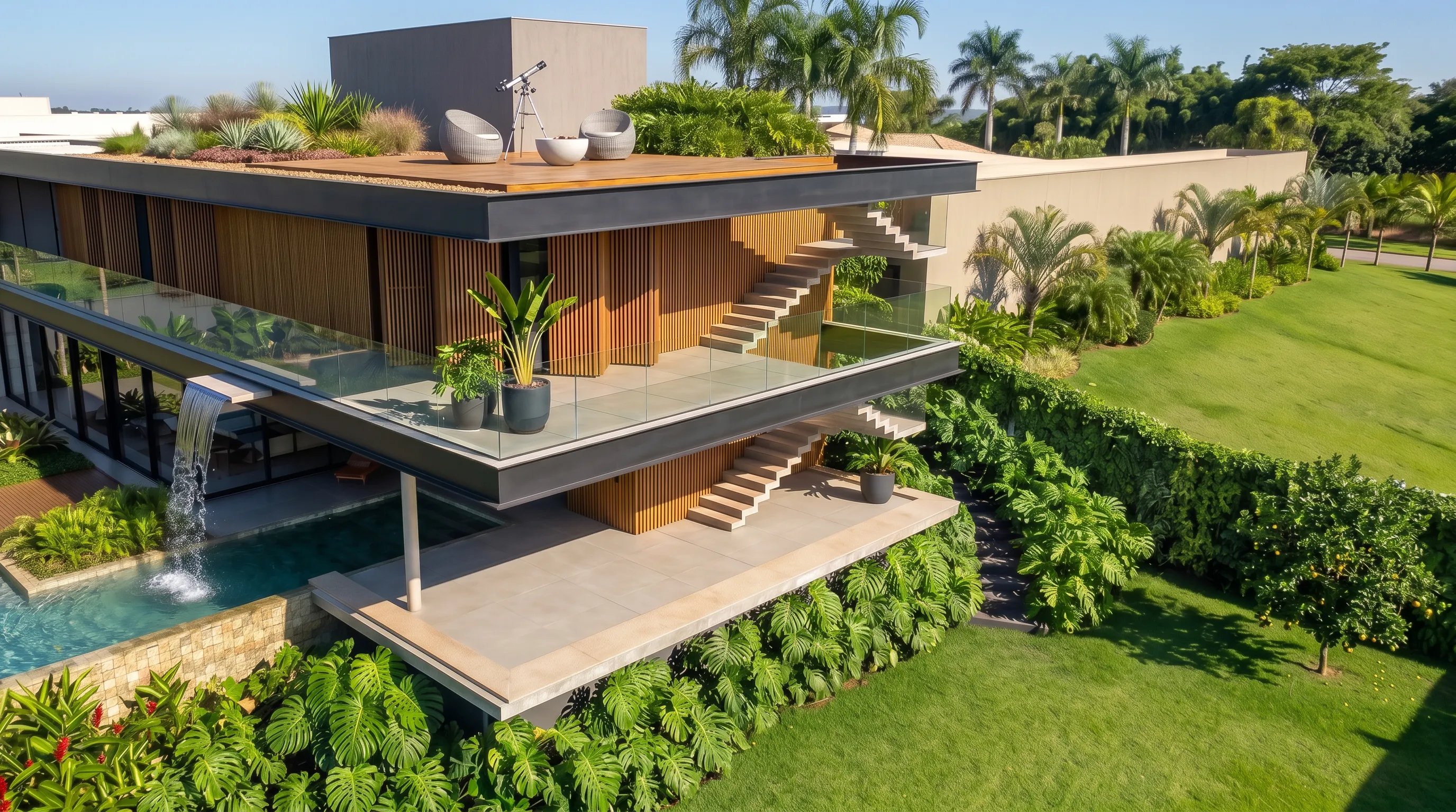 Vista aérea da Casa Eins na Fazenda da Grama com rooftop, terraços em balanço, piscina e jardim tropical