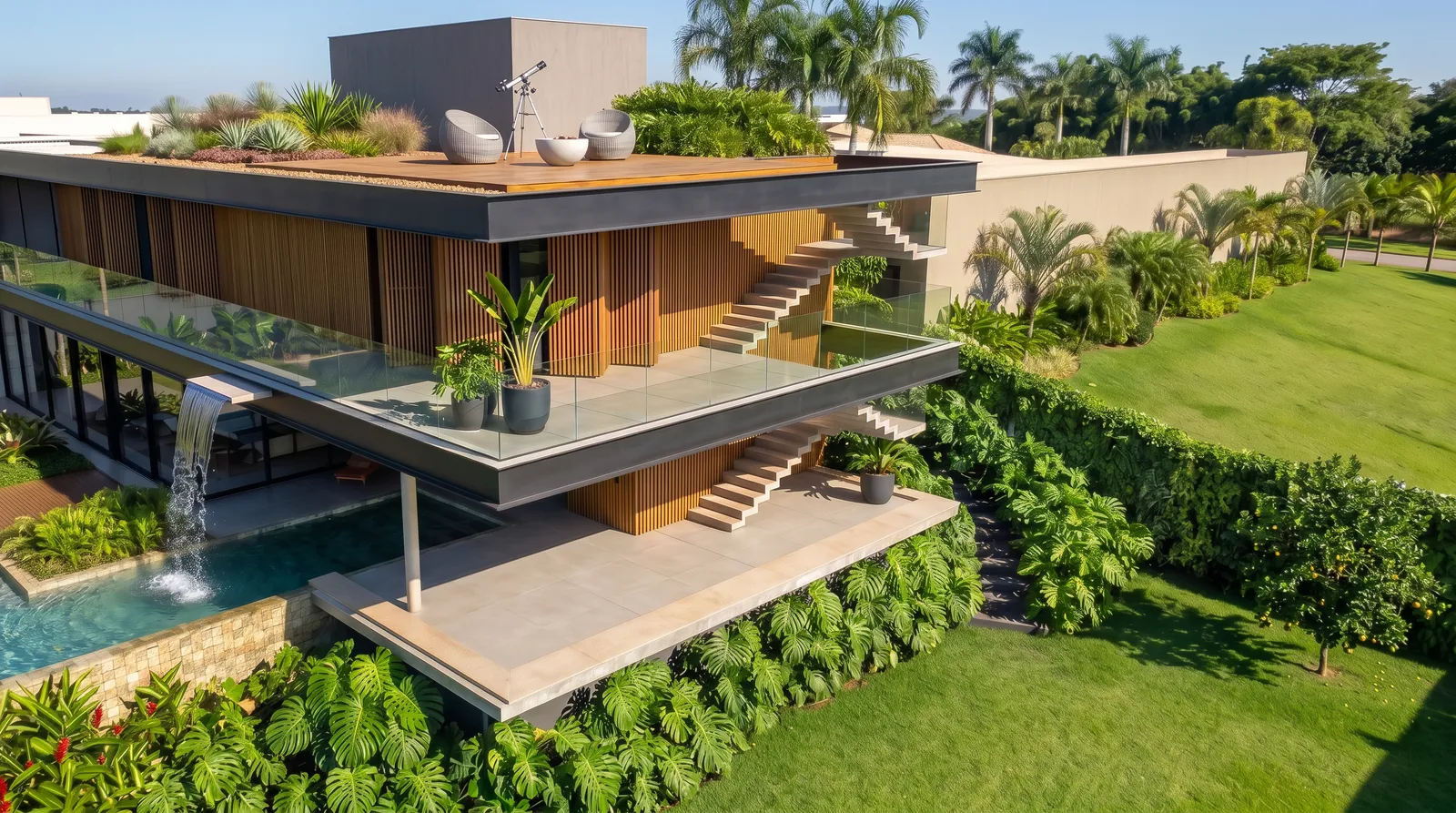 Vista aérea da Casa Eins na Fazenda da Grama com rooftop, terraços em balanço, piscina e jardim tropical
