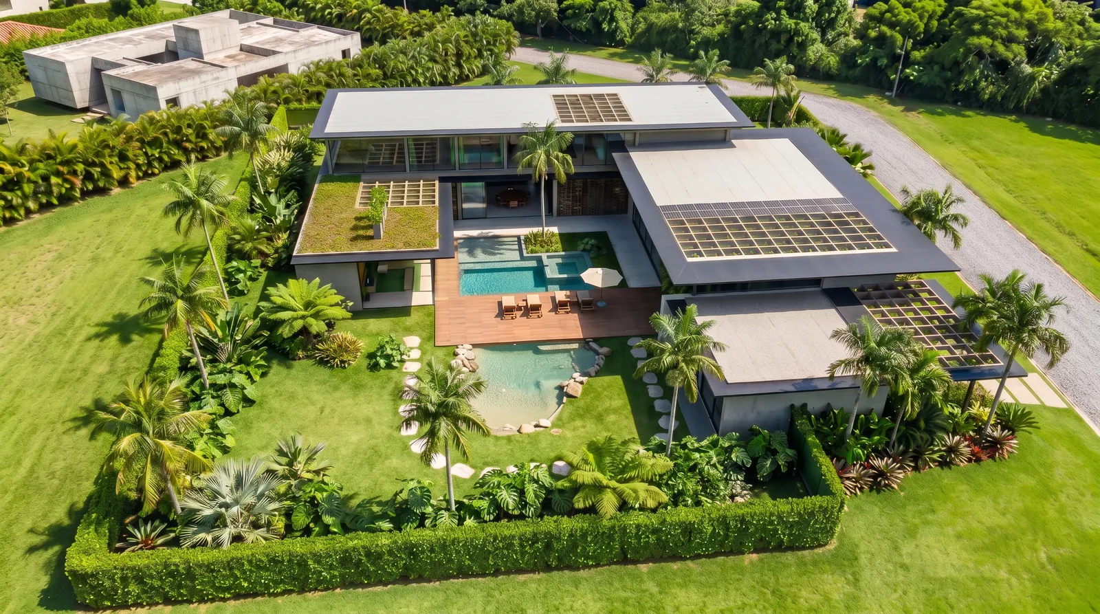 Vista aérea da Casa Olive na Fazenda da Grama com implantação em terreno amplo, piscina, lago ornamental, coberturas leves e paisagismo tropical